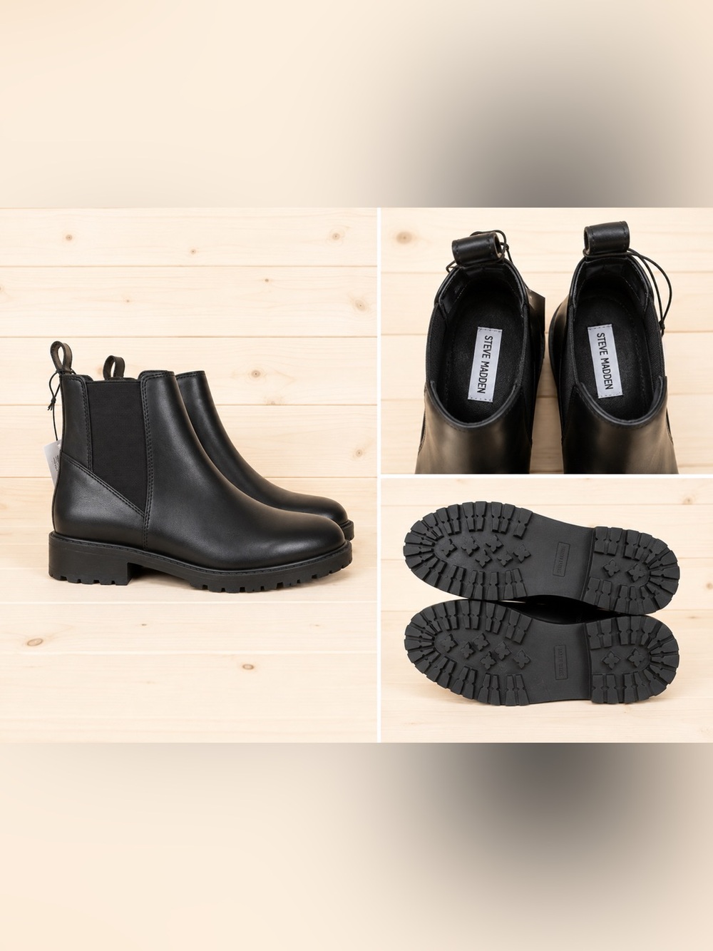 Steve Madden Lorali Black Leather Lug Sole Chelsea Boots 6